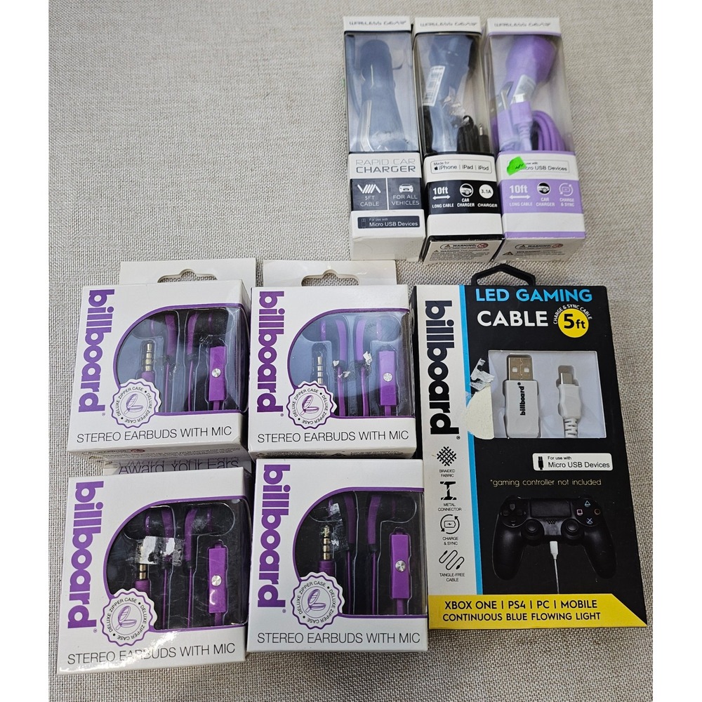8pc Billboard & Wireless Gear‎ Bundle Earbuds LED Gaming Cable Car Chargers NEW